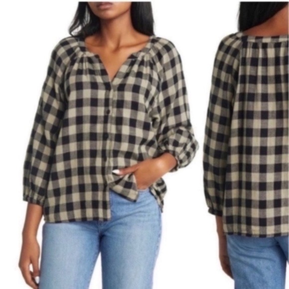 beachlunchlounge Tops - beachlunclounge Gingham Peasant Shirt
